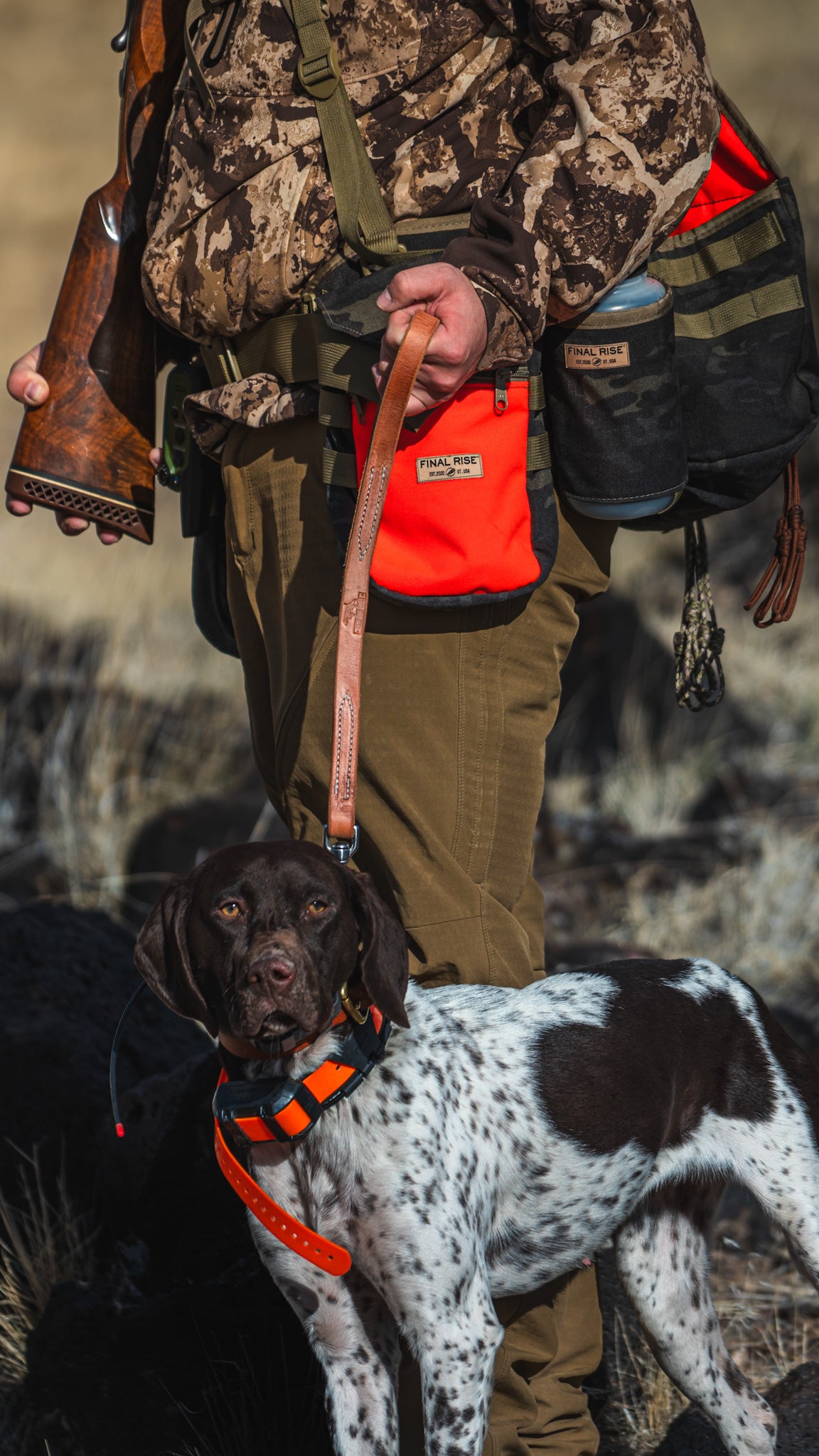 Compact leather leash for hunting, perfect for keeping in a bird bag for quick access.